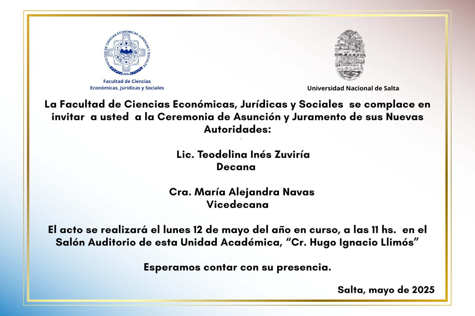 Invitacion Acto Asuncion y Juramento FCEJS UNSa Decana Zuviría Vicedecana Navas