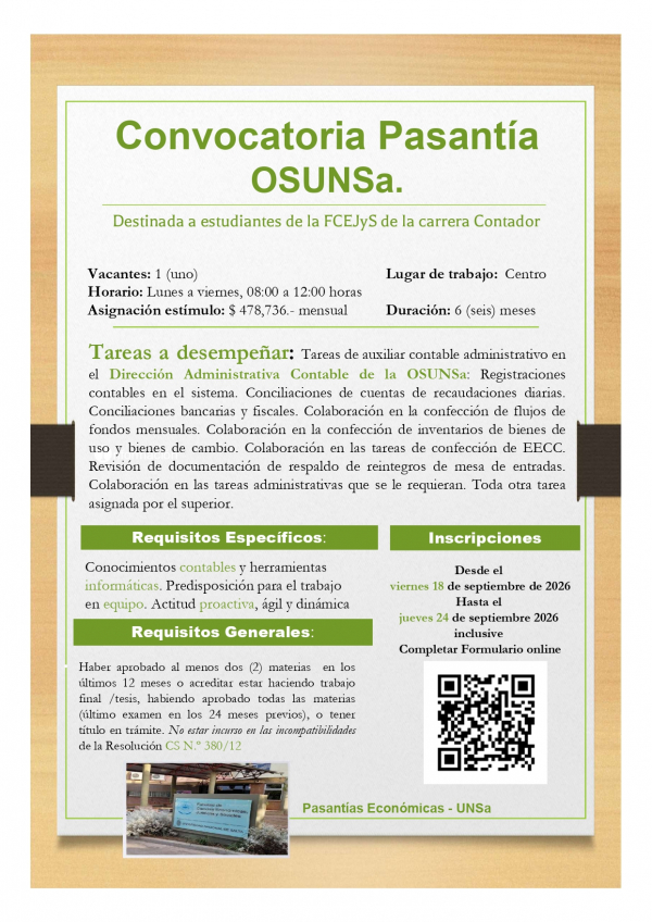 Convocatoria Pasantia Osunsa destinada a los estudiantes de la carrera de Contador P&uacute;blico